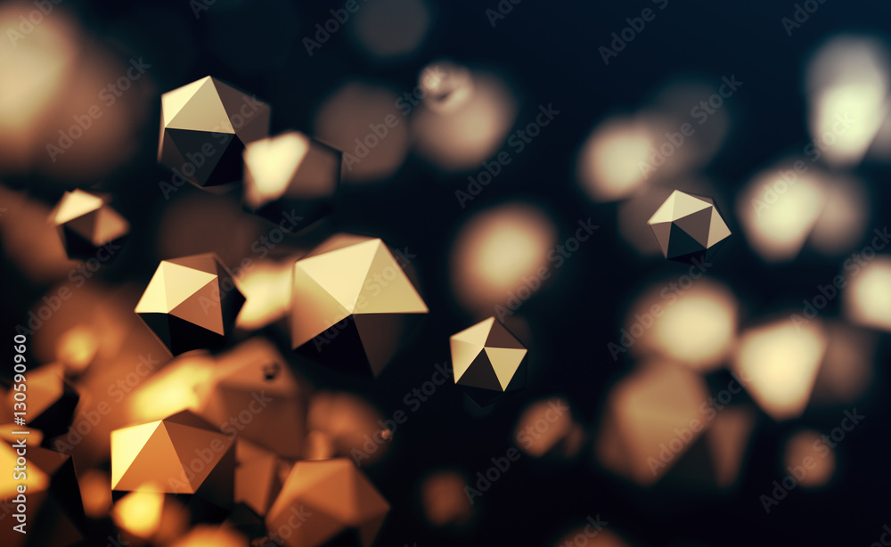 Poster abstract 3d rendering of chaotic low poly particles. flying polygonal spheres in empty space. futuri