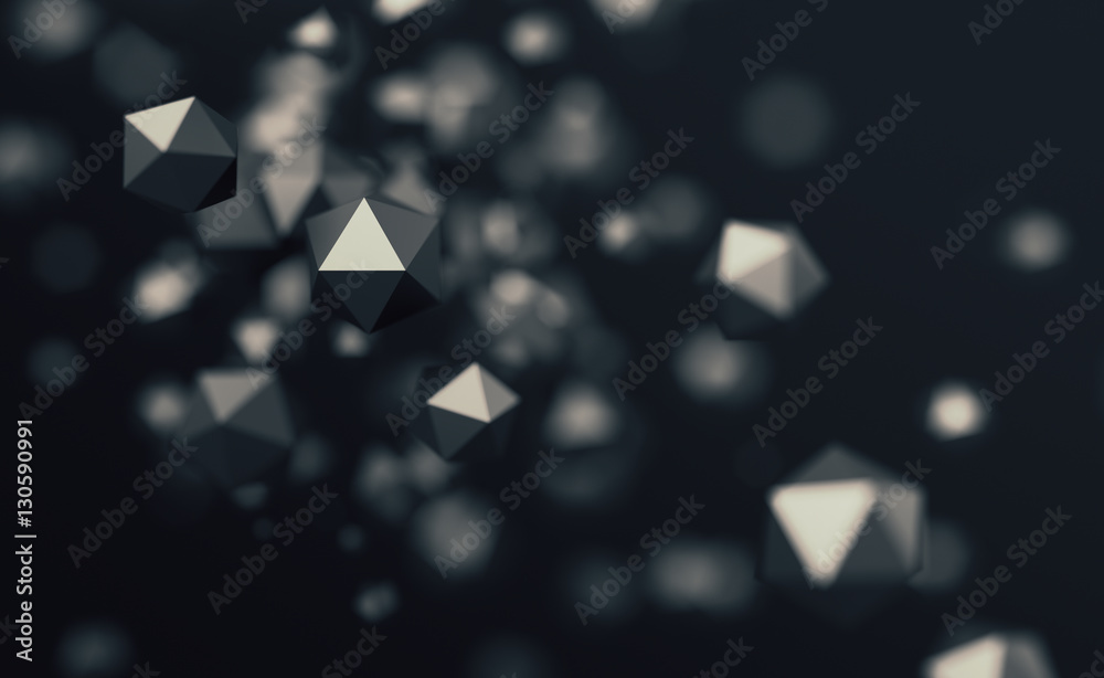 Poster abstract 3d rendering of chaotic low poly particles. flying polygonal spheres in empty space. futuri