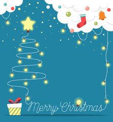 Christmas tree made from christmas lights with decorations and gift box and isolated on blue background. Vector illustration