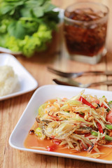 SOM TUM,Thai foods or papaya salad in spicy taste and is popular