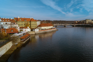 Prague street architecture. View on Vltava in Prague, Czech republic.