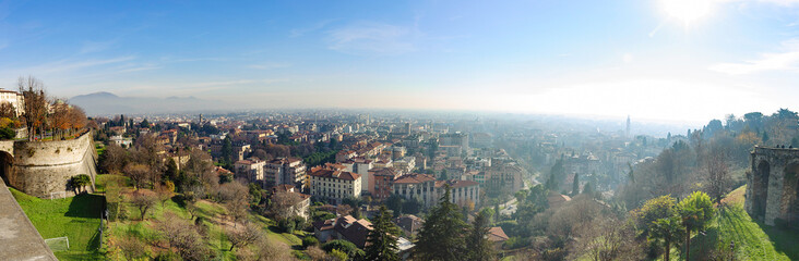 Aerial panoramic view on Bergamo town in northern Italy