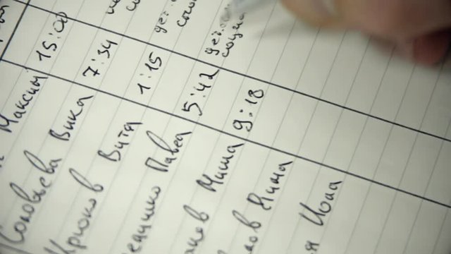 Man in white coat writes fictional Russian names with a ballpoint pen in the notebook.