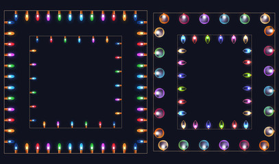 Set of square frames of different colored garlands and lights. Vector element for your creativity