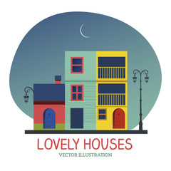 Obraz premium Lovely Houses under the moon. Vector illustration isolated on white background.