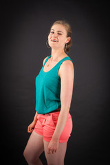 Beautiful woman doing different expressions in different sets of clothes: bwink