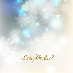 Xmas abstract elegant shine background with snowflakes. Merry Christmas gold lettering on the light glimmered greeting card.