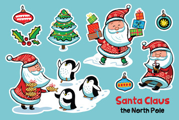 Stickers collection with cartoon Santa Claus