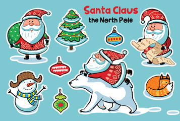 Stickers collection with cartoon Santa Claus