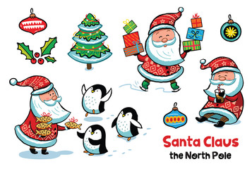 Set of Santa Claus with animals. Vector illustration in cartoon style.