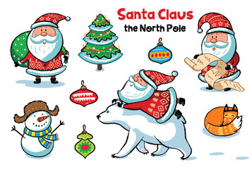 Set of Santa Claus with animals. Vector illustration in cartoon style.