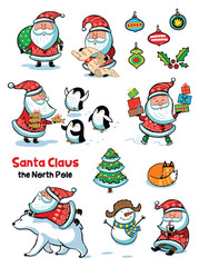 Set of Santa Claus with animals. Vector illustration in cartoon style.