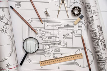 Top view of engineering project  with blueprint, engineering tools