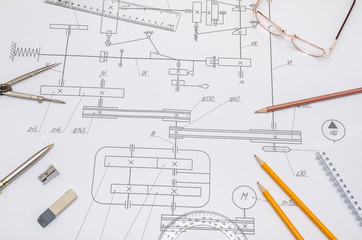 The engineering drawing with tools