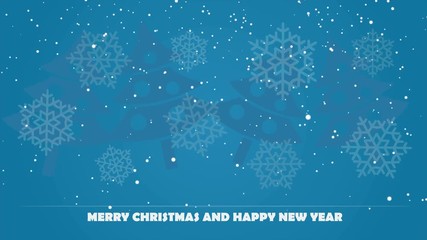Snowflakes background with christmas trees and text below on Christmas Eve. Xmas and New Year greeting card template with falling snowflakes.