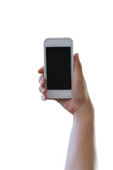 Hand of woman holding a smartphone isolated on white background.