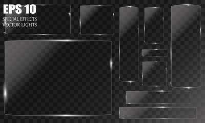 Glass plates set. Vector acrylic banners on transparent background.