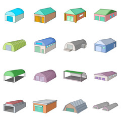Different hangars icons set. Cartoon illustration of 16 different hangars vector icons for web