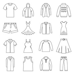 Different clothes icons set. Outline illustration of 16 different clothes items vector icons for web