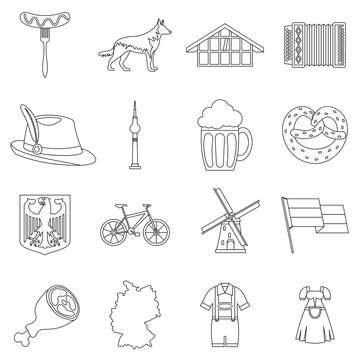 Germany icons set. Outline illustration of 16 Germany travel items vector icons for web