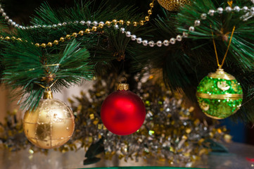 Christmas decorations on a christmas tree