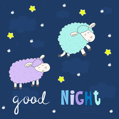 Good night card. Cute hand drawn sheeps in cartoon style. vector print