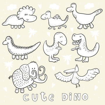 Cute hand drawn dinosaurs set. vector print