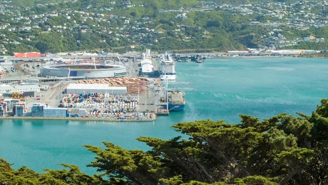Wellington New Zealand Close-up Panning from Commercial Port to the Westpac Stadium with Perfect Sunshine Weather