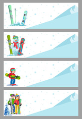 Obraz premium Mountain skier winter sport flyer design template. Snowboarding and skiing on flyers. Vector illustration.