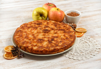 Homemade apple cake with cinnamon,apples and orange slices over white wood background. Rustic cooking concept
