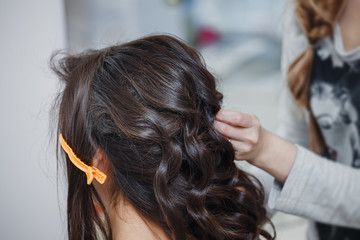 Hairdresser working with brunette woman shiny healthy hair in hairdressing salon. Close up view of barber hands