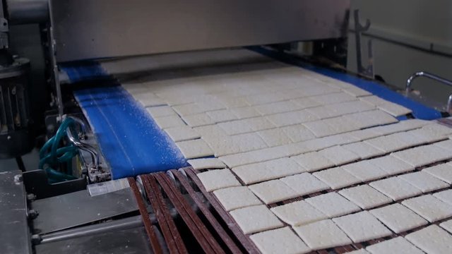 Cookies production line at a food factory. 4K.