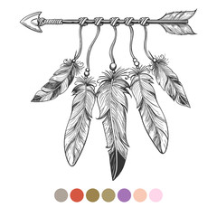 Handdrawn colorng boho element. Arrow and feathers on white background with color swatches. Vector illustration