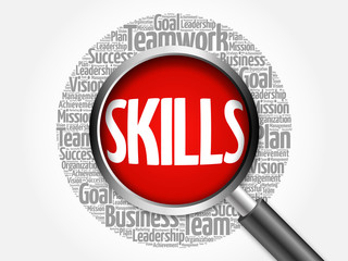 Skills word cloud with magnifying glass, business concept 3D illustration