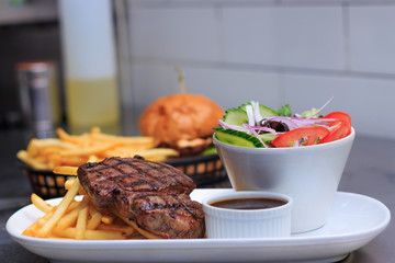 Black Angus Rump Steak with French Fries and garden salad
