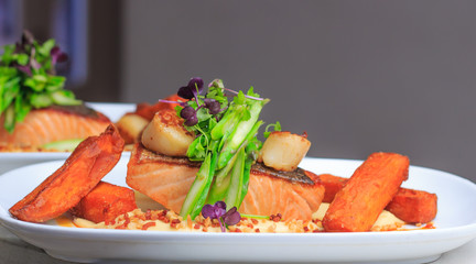 grilled salmon fillet with cauliflower puree, asparagus, scallops