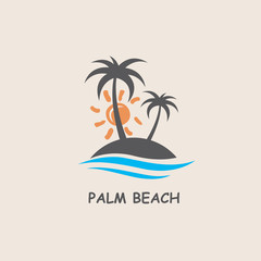 illustration of label with palm tree silhouette on island