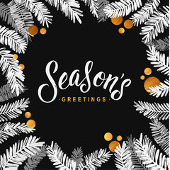 Obraz premium Merry Christmas Black and Gold Card. Golden Shiny Glitter Watercolor Tree Branches. Calligraphy Greeting Poster Template. Isolated White Background. Glowing Illustration
