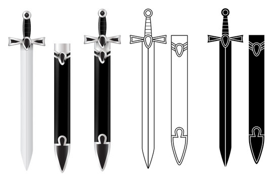Sword with scabbard. Flat outline image and 3d illustration
