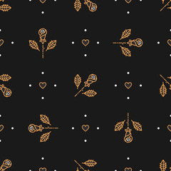 Floral pattern seamless, trendy minimal background. Golden icons line roses and heart on a dark background. Elegant corporate pattern, business ornament. Vector illustration