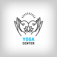 Vector yoga logo, meditation relax icon, lotus flower. Nature, beauty, health and love symbols. Yoga outline icon and thin line art pictogram. Vector illustration