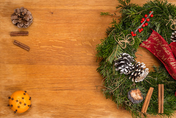 Christmas decorations on wood traditional background.