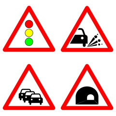 Set of traffic signs. Traffic lights, gravel road, traffic jam, tunnel symbols.