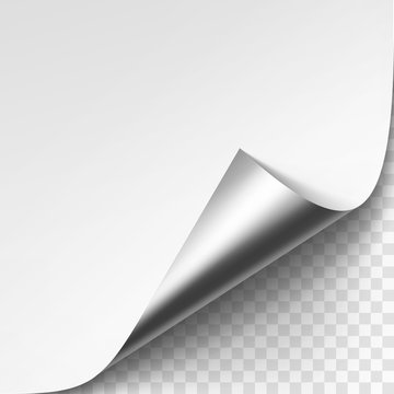 Vector Curled Silver Metalic Corner of White Paper with Shadow Mock up Close up Isolated on Transparent Background