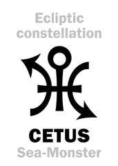 Astrology Alphabet: sign of CETUS (The Sea-Monster), constellation of Ecliptic (between Aquarius, Pisces and Eridanus). Hieroglyphics character sign (original single symbol).
