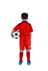 Back view of young asian soccer player with soccer ball. Studio shot.