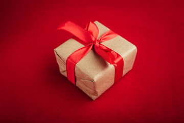 Christmas background with xmas tree and sparkle bokeh lights on wooden canvas background. Merry christmas card. Winter holiday theme. Happy New Year. Space for text. Happy Holidays