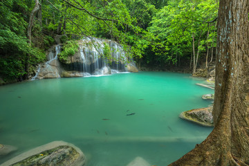 Beautiful and very nice green waterfall for relaxation, Erawan waterfall, Located Kanchanaburi Province, Thailand