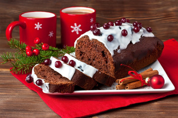 Holiday cake with hot drink   on  wooden  table