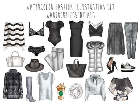 Watercolor digital illustration - watercolor fashion clip art set - Wardrobe essentials - Woman Apparel - Flat fashion sketch 